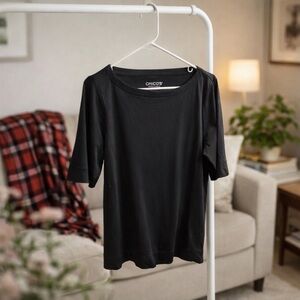 Chico’s Black Pima Cotton Short Sleeve Tee Size 2 Soft Classic Fit